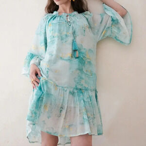 Debbie Katz Nalai Tunic Aqua Metallic Block Print Midi Dress Sz M Cottagecore